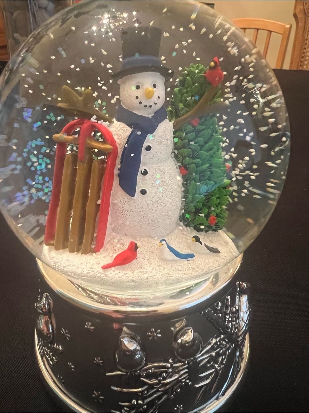 Reed & Barton Festive Snowman Globe with Red Sled and Blue Scarf